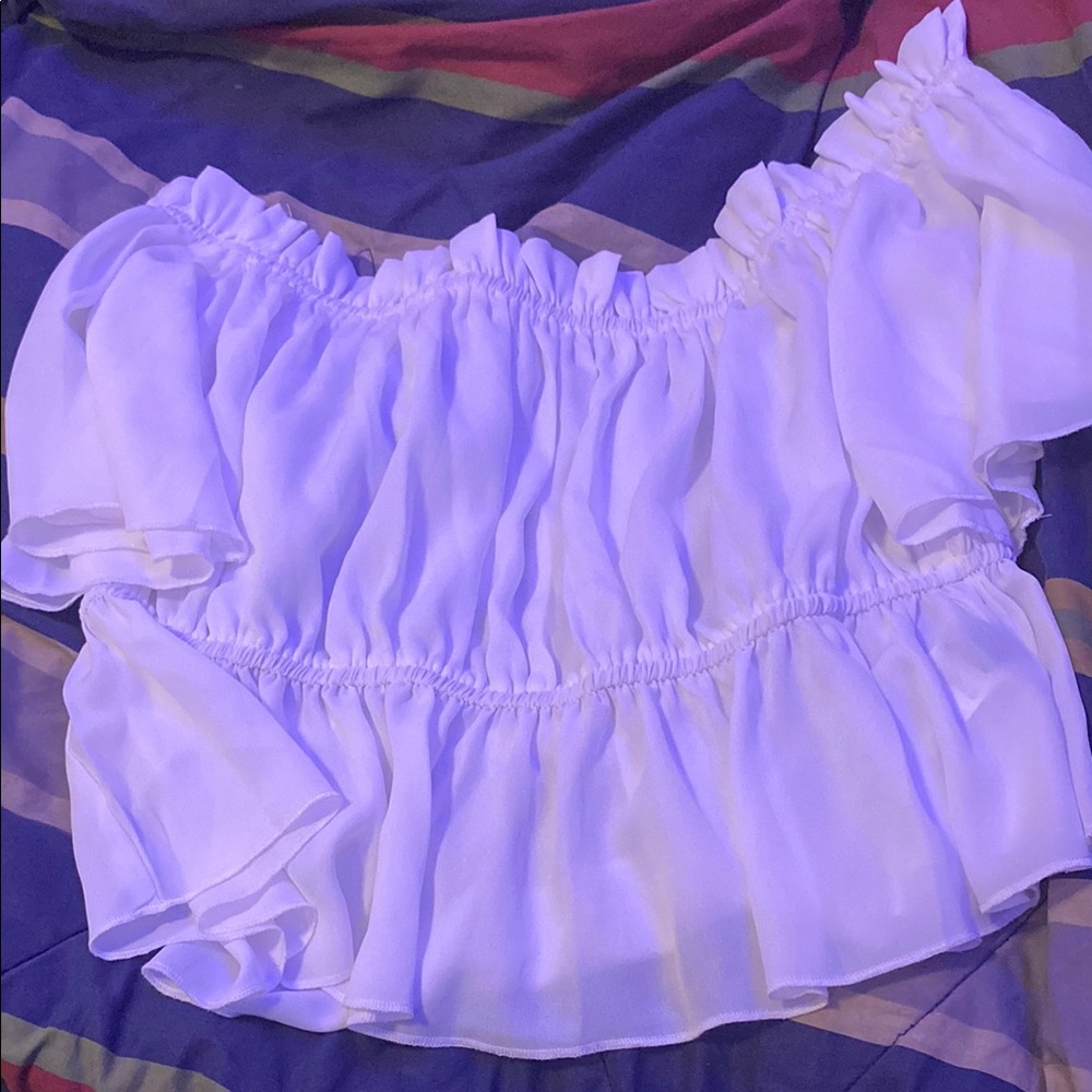 SHEIN White Ruffled Smocked Short Sleeve Blouse